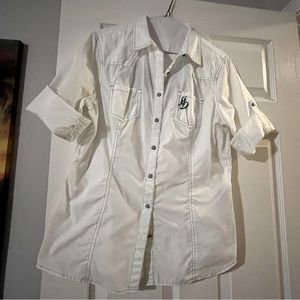 Harley-Davidson button-down short sleeve white shirt collared rhinestone top L